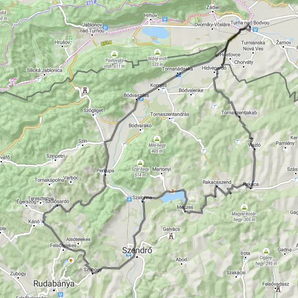 Map miniature of "Scenic Cycling Route near Turňa nad Bodvou" cycling inspiration in Východné Slovensko, Slovakia. Generated by Tarmacs.app cycling route planner