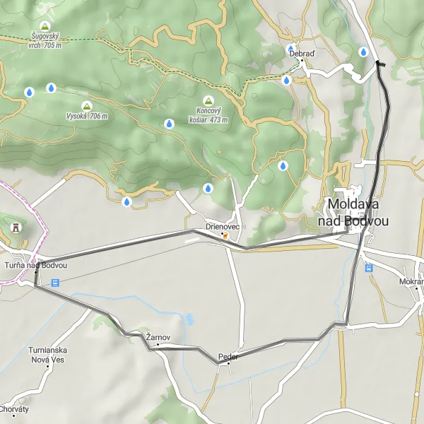 Mapa miniatúra "Jednoduchý okruh okolo Moldavy nad Bodvou" cyklistická inšpirácia v Východné Slovensko, Slovakia. Vygenerované cyklistickým plánovačom trás Tarmacs.app