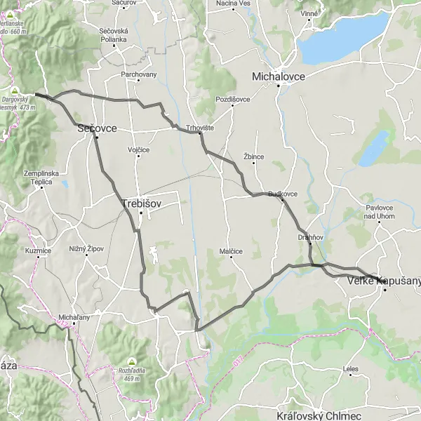 Mapa miniatúra "Víťazná cesta cez Trhovište a Dargov" cyklistická inšpirácia v Východné Slovensko, Slovakia. Vygenerované cyklistickým plánovačom trás Tarmacs.app
