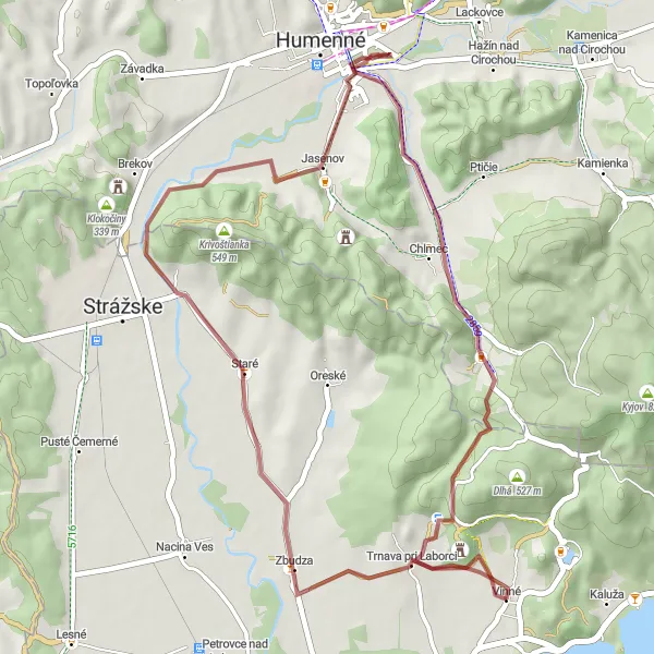 Map miniature of "Ride to Chlmec and Trnava pri Laborci" cycling inspiration in Východné Slovensko, Slovakia. Generated by Tarmacs.app cycling route planner