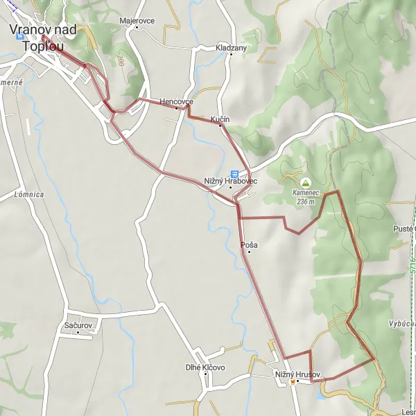 Map miniature of "Short Gravel Ride: Nižný Hrušov and Kučín" cycling inspiration in Východné Slovensko, Slovakia. Generated by Tarmacs.app cycling route planner