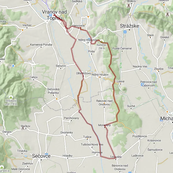 Map miniature of "Gravel Adventure: Dlhé Klčovo and Červený kameň" cycling inspiration in Východné Slovensko, Slovakia. Generated by Tarmacs.app cycling route planner