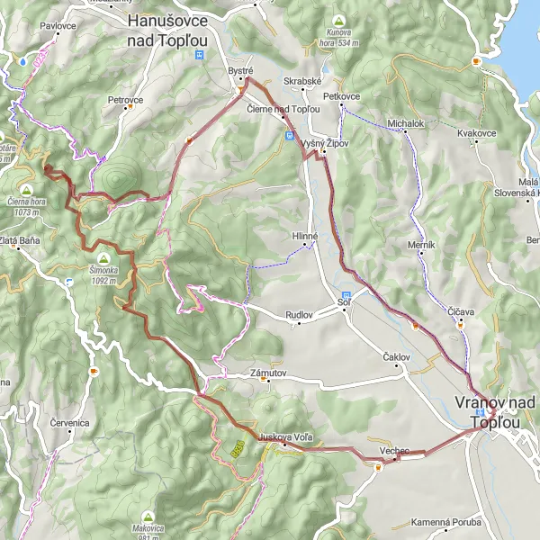 Mapa miniatúra "Gravelová trasa cez Šimonku a Čierne nad Topľou" cyklistická inšpirácia v Východné Slovensko, Slovakia. Vygenerované cyklistickým plánovačom trás Tarmacs.app