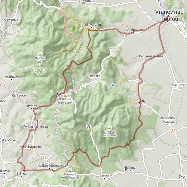 Mapa miniatúra "Gravelový okruh cez Dargovský priesmyk a Vechec" cyklistická inšpirácia v Východné Slovensko, Slovakia. Vygenerované cyklistickým plánovačom trás Tarmacs.app