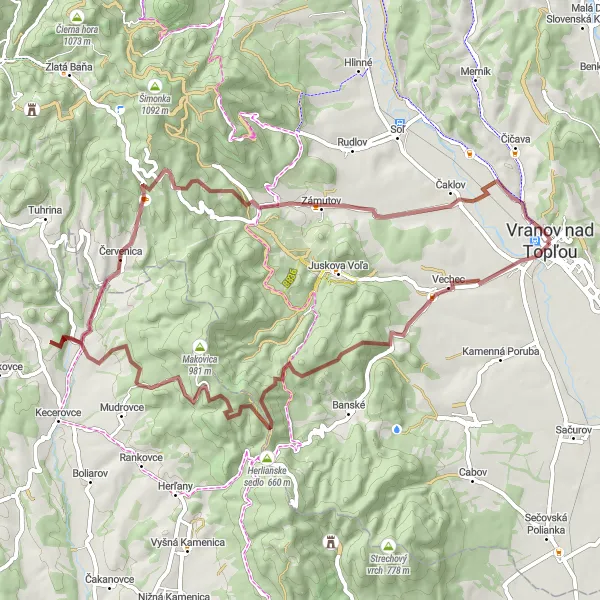 Map miniature of "The Gravel Adventure" cycling inspiration in Východné Slovensko, Slovakia. Generated by Tarmacs.app cycling route planner
