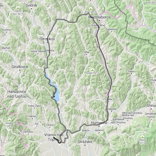 Map miniature of "Vranov nad Topľou to Veľká Domaša Reservoir" cycling inspiration in Východné Slovensko, Slovakia. Generated by Tarmacs.app cycling route planner