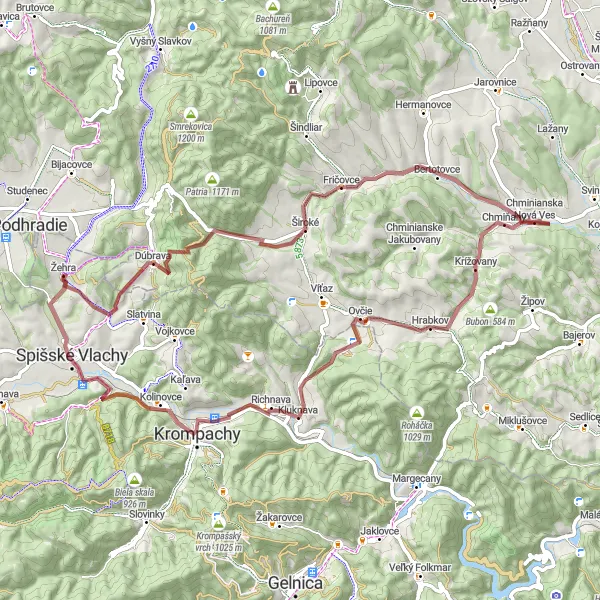 Miniaturní mapa "Gravelový okruh přes Rajtopíky a Spišské Vlachy" inspirace pro cyklisty v oblasti Východné Slovensko, Slovakia. Vytvořeno pomocí plánovače tras Tarmacs.app