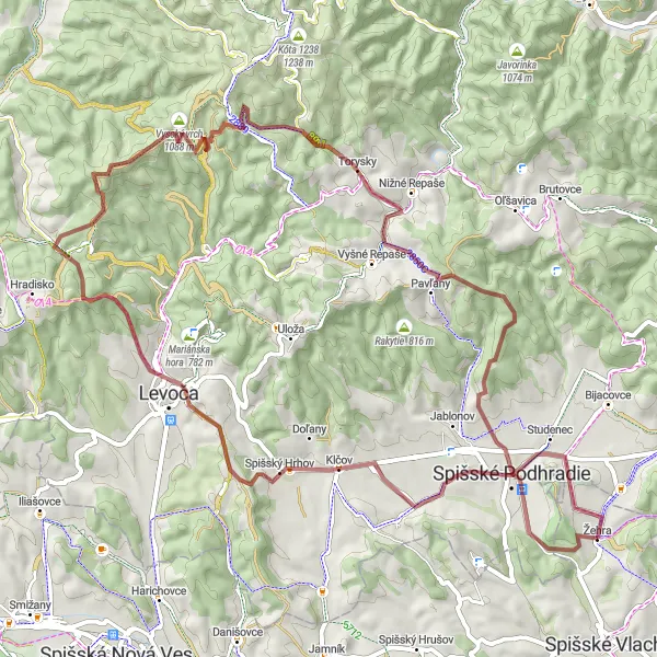 Miniaturní mapa "Gravel trasa kolem Spišského hradu a Sivé Brady" inspirace pro cyklisty v oblasti Východné Slovensko, Slovakia. Vytvořeno pomocí plánovače tras Tarmacs.app