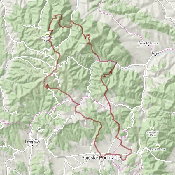 Miniaturní mapa "Gravel trasa kolem Spišského hradu" inspirace pro cyklisty v oblasti Východné Slovensko, Slovakia. Vytvořeno pomocí plánovače tras Tarmacs.app
