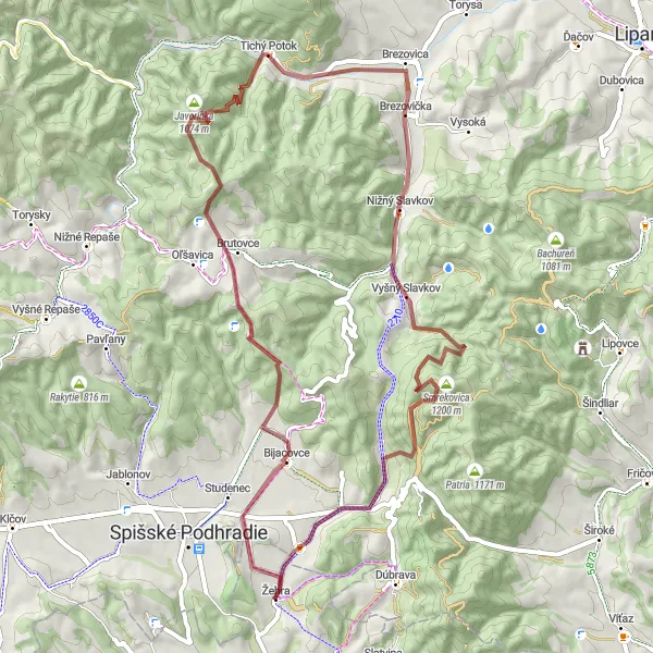 Miniaturní mapa "Gravel trasa okolo Spišského hradu" inspirace pro cyklisty v oblasti Východné Slovensko, Slovakia. Vytvořeno pomocí plánovače tras Tarmacs.app