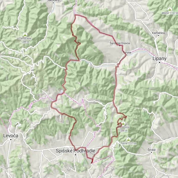 Miniaturní mapa "Gravel trasa kolem Spišského hradu a malebného okolí" inspirace pro cyklisty v oblasti Východné Slovensko, Slovakia. Vytvořeno pomocí plánovače tras Tarmacs.app