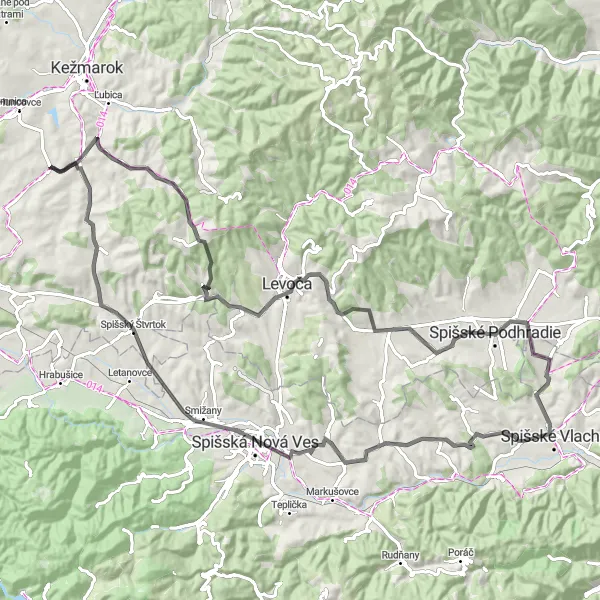 Miniaturní mapa "Cyklotrasa okolo Žehry" inspirace pro cyklisty v oblasti Východné Slovensko, Slovakia. Vytvořeno pomocí plánovače tras Tarmacs.app