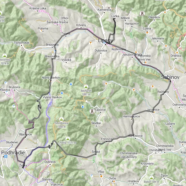 Miniaturní mapa "Cyklotrasa od Žehry k Sabinovu" inspirace pro cyklisty v oblasti Východné Slovensko, Slovakia. Vytvořeno pomocí plánovače tras Tarmacs.app