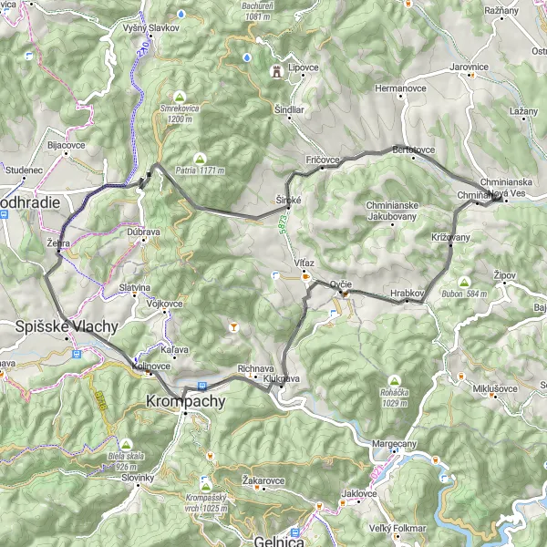 Map miniature of "Scenic Slopes and Serene Villages" cycling inspiration in Východné Slovensko, Slovakia. Generated by Tarmacs.app cycling route planner