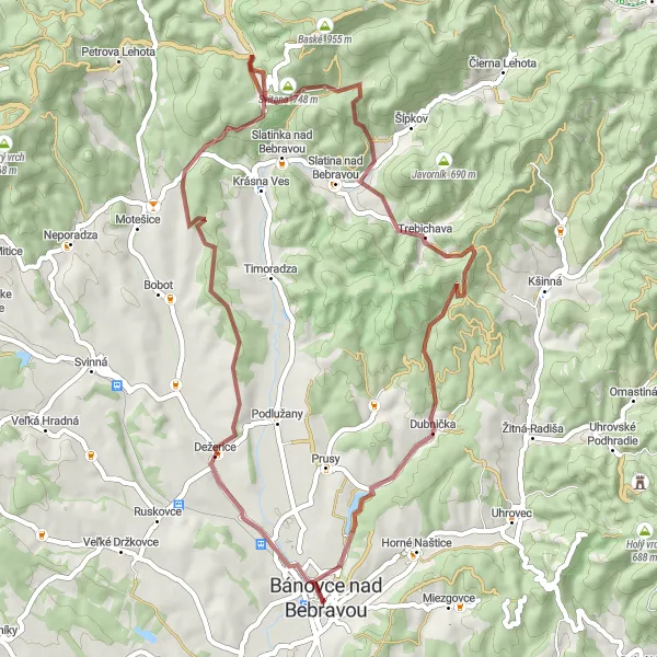 Miniaturní mapa "Gravelová cesta s výzvami kolem Bánovce nad Bebravou" inspirace pro cyklisty v oblasti Západné Slovensko, Slovakia. Vytvořeno pomocí plánovače tras Tarmacs.app