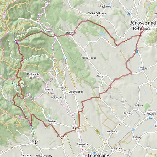 Map miniature of "Bebrava Gravel Adventure" cycling inspiration in Západné Slovensko, Slovakia. Generated by Tarmacs.app cycling route planner