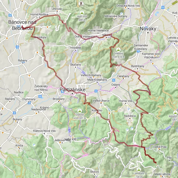 Mapa miniatúra "Gravel dobrodružstvo Hornoveským Vtáčnikom" cyklistická inšpirácia v Západné Slovensko, Slovakia. Vygenerované cyklistickým plánovačom trás Tarmacs.app