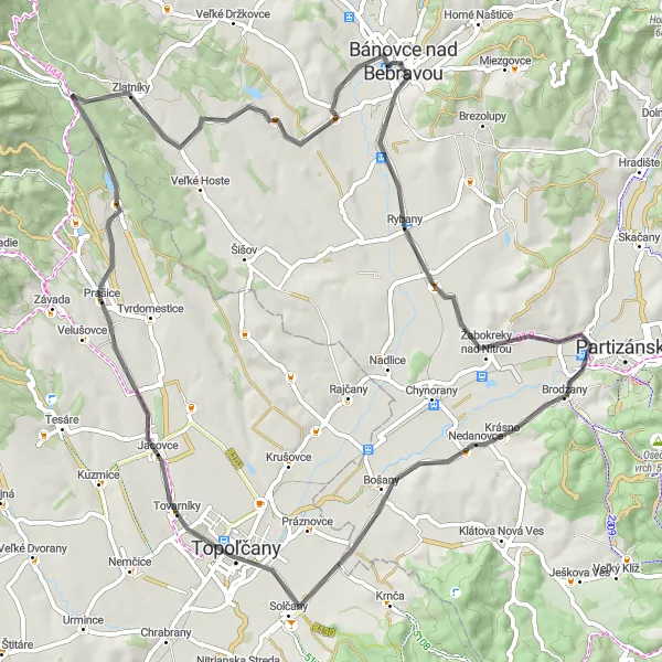 Mapa miniatúra "Cyklotúra okolo Bánoviec nad Bebravou" cyklistická inšpirácia v Západné Slovensko, Slovakia. Vygenerované cyklistickým plánovačom trás Tarmacs.app