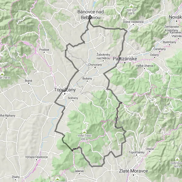 Miniaturní mapa "Okruh kolem Bánovce nad Bebravou" inspirace pro cyklisty v oblasti Západné Slovensko, Slovakia. Vytvořeno pomocí plánovače tras Tarmacs.app