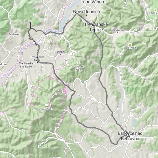 Map miniature of "Skalica to Trenčín Road Cruise" cycling inspiration in Západné Slovensko, Slovakia. Generated by Tarmacs.app cycling route planner