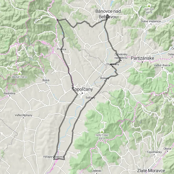Map miniature of "The Chynorany Loop" cycling inspiration in Západné Slovensko, Slovakia. Generated by Tarmacs.app cycling route planner