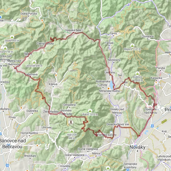 Map miniature of "Bojnický loop via Veľký Čihoč and Čierna hora" cycling inspiration in Západné Slovensko, Slovakia. Generated by Tarmacs.app cycling route planner