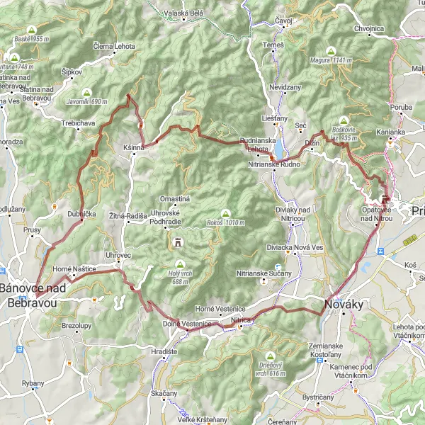 Map miniature of "Gravel adventure to Kšinná and Závlaka" cycling inspiration in Západné Slovensko, Slovakia. Generated by Tarmacs.app cycling route planner
