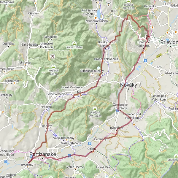 Map miniature of "Gravel Adventure from Bojnice to Predné Štefankovo" cycling inspiration in Západné Slovensko, Slovakia. Generated by Tarmacs.app cycling route planner