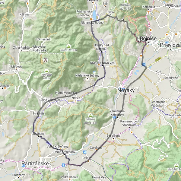 Map miniature of "Cycling adventure to Diviaky nad Nitricou" cycling inspiration in Západné Slovensko, Slovakia. Generated by Tarmacs.app cycling route planner