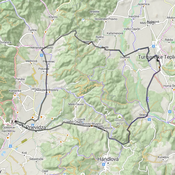 Miniaturní mapa "Okruh přes Nitrianske Pravno a Turčianske Teplice" inspirace pro cyklisty v oblasti Západné Slovensko, Slovakia. Vytvořeno pomocí plánovače tras Tarmacs.app