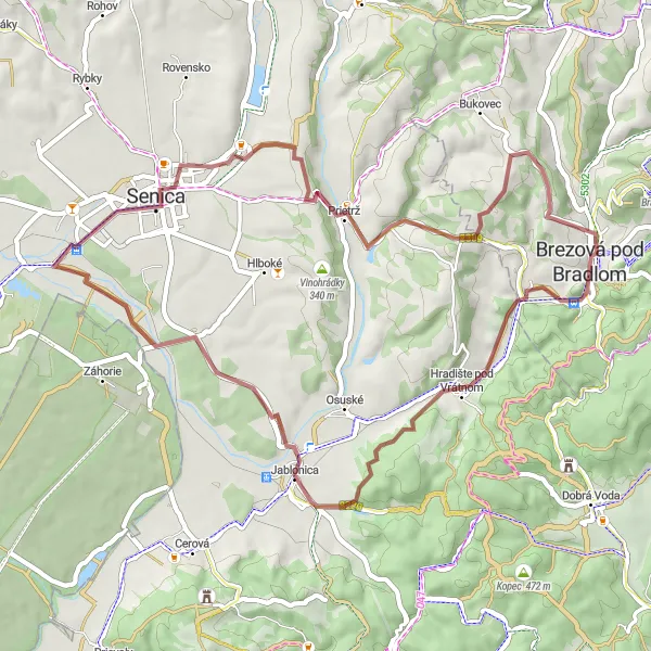 Mapa miniatúra "Gravelová cesta cez Senickú krajinu" cyklistická inšpirácia v Západné Slovensko, Slovakia. Vygenerované cyklistickým plánovačom trás Tarmacs.app