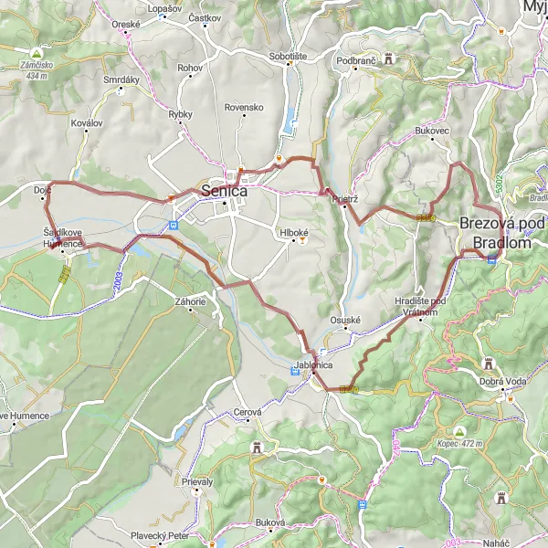 Map miniature of "Scenic Gravel Loop near Brezová pod Bradlom" cycling inspiration in Západné Slovensko, Slovakia. Generated by Tarmacs.app cycling route planner