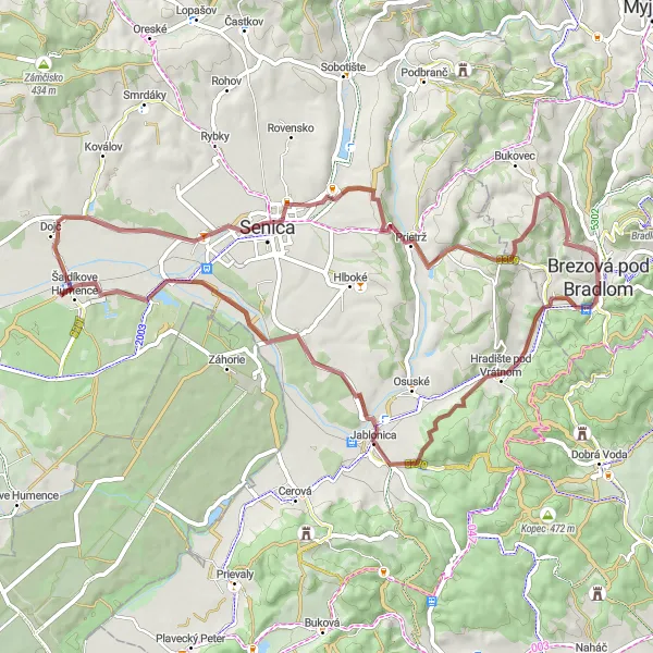 Mapa miniatúra "Gravelový okruh cez Chamrastú a Senicu" cyklistická inšpirácia v Západné Slovensko, Slovakia. Vygenerované cyklistickým plánovačom trás Tarmacs.app