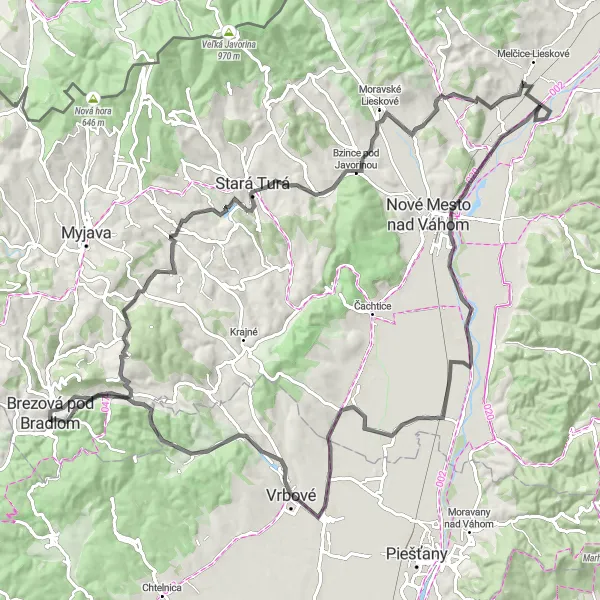 Map miniature of "Picturesque Road Cycling Adventure in Western Slovakia" cycling inspiration in Západné Slovensko, Slovakia. Generated by Tarmacs.app cycling route planner