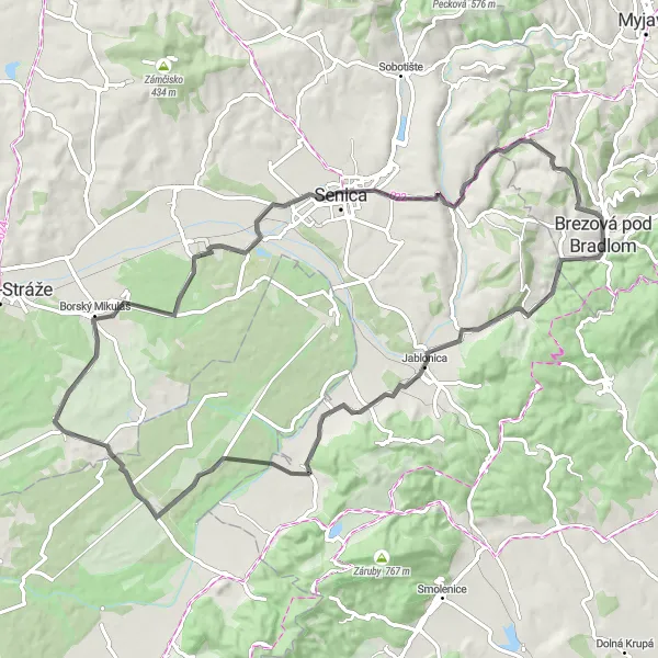 Map miniature of "Challenging Road Cycling Loop near Brezová pod Bradlom" cycling inspiration in Západné Slovensko, Slovakia. Generated by Tarmacs.app cycling route planner