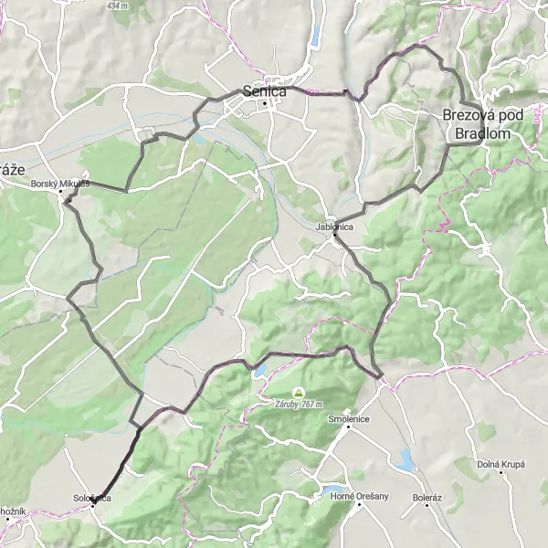 Map miniature of "Scenic Road Adventure" cycling inspiration in Západné Slovensko, Slovakia. Generated by Tarmacs.app cycling route planner