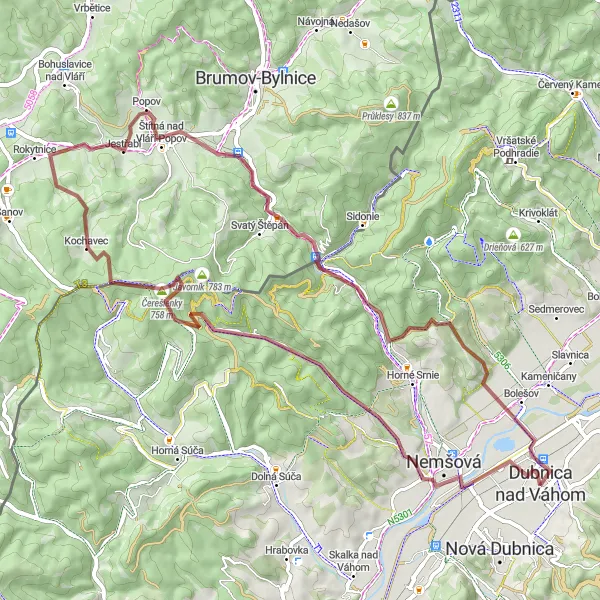 Map miniature of "Gravel Through the Hills" cycling inspiration in Západné Slovensko, Slovakia. Generated by Tarmacs.app cycling route planner