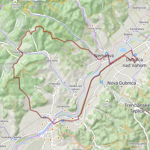 Map miniature of "Gravel Adventure to Trenčín" cycling inspiration in Západné Slovensko, Slovakia. Generated by Tarmacs.app cycling route planner