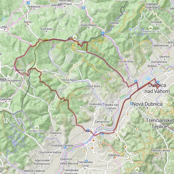 Miniatura mapy "Trasa gravelowa wokół Dubnicy nad Váhom" - trasy rowerowej w Západné Slovensko, Slovakia. Wygenerowane przez planer tras rowerowych Tarmacs.app