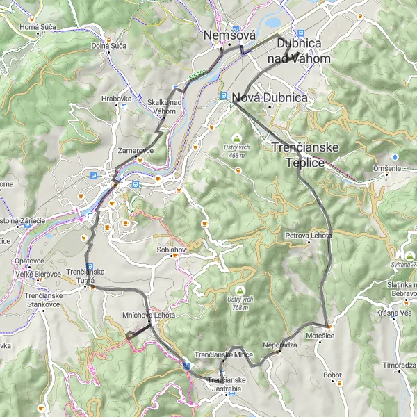 Miniatura mapy "Trasa Szosowa przez Trenčín i Nemšová" - trasy rowerowej w Západné Slovensko, Slovakia. Wygenerowane przez planer tras rowerowych Tarmacs.app