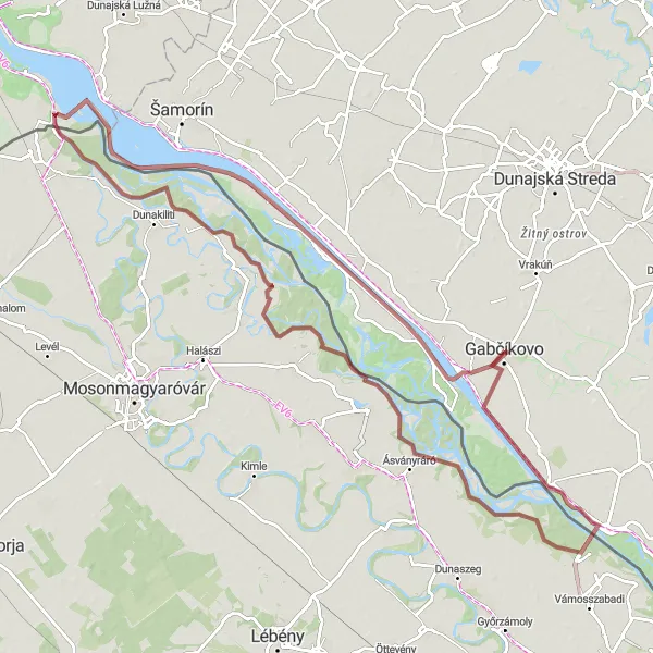 Miniaturní mapa "Gravelová výzva cez Kisbodak" inspirace pro cyklisty v oblasti Západné Slovensko, Slovakia. Vytvořeno pomocí plánovače tras Tarmacs.app