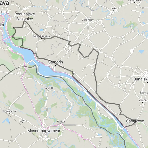 Mapa miniatúra "Cyklotrasa cez Veľkú Paku a Kalinkovskú rozhľadňu" cyklistická inšpirácia v Západné Slovensko, Slovakia. Vygenerované cyklistickým plánovačom trás Tarmacs.app