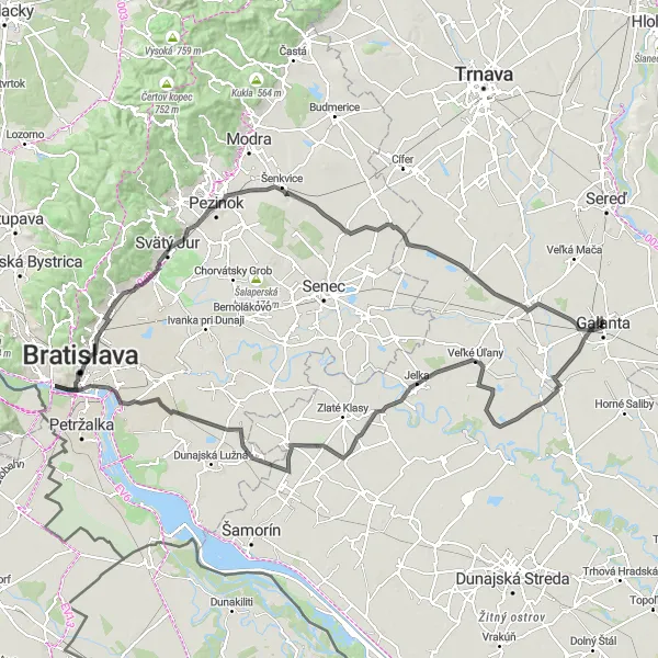 Map miniature of "Scenic Road Adventure from Galanta to Bratislava" cycling inspiration in Západné Slovensko, Slovakia. Generated by Tarmacs.app cycling route planner