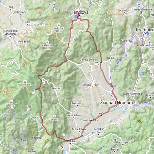 Miniaturní mapa "Gravel trasa kolem Handlová II" inspirace pro cyklisty v oblasti Západné Slovensko, Slovakia. Vytvořeno pomocí plánovače tras Tarmacs.app