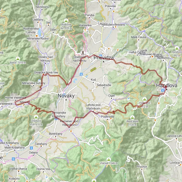 Miniaturní mapa "Gravel Route to Vtáčnik" inspirace pro cyklisty v oblasti Západné Slovensko, Slovakia. Vytvořeno pomocí plánovače tras Tarmacs.app