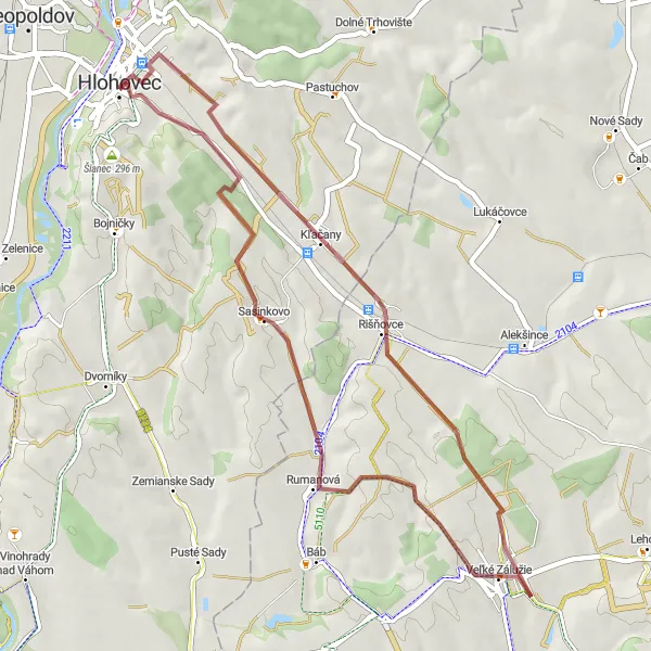 Mapa miniatúra "Gravel okolo Veľkých Záluží" cyklistická inšpirácia v Západné Slovensko, Slovakia. Vygenerované cyklistickým plánovačom trás Tarmacs.app