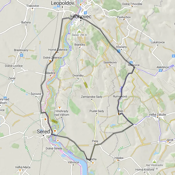 Miniaturní mapa "Cestování po silnici v okolí Hlohovce" inspirace pro cyklisty v oblasti Západné Slovensko, Slovakia. Vytvořeno pomocí plánovače tras Tarmacs.app