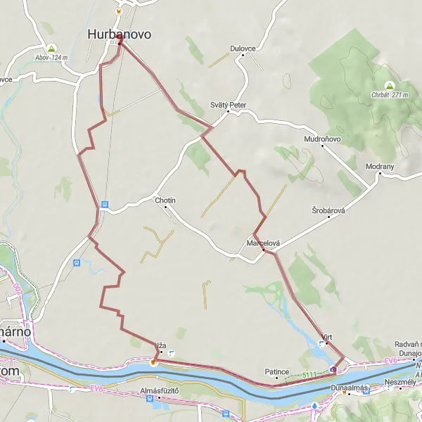 Map miniature of "Gravel Tour around Hurbanovo" cycling inspiration in Západné Slovensko, Slovakia. Generated by Tarmacs.app cycling route planner