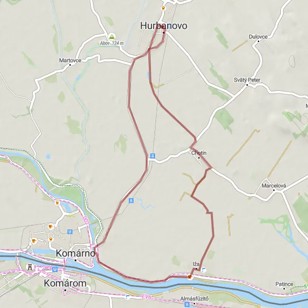 Map miniature of "Chotín and Ďulov dvor Gravel Ride" cycling inspiration in Západné Slovensko, Slovakia. Generated by Tarmacs.app cycling route planner