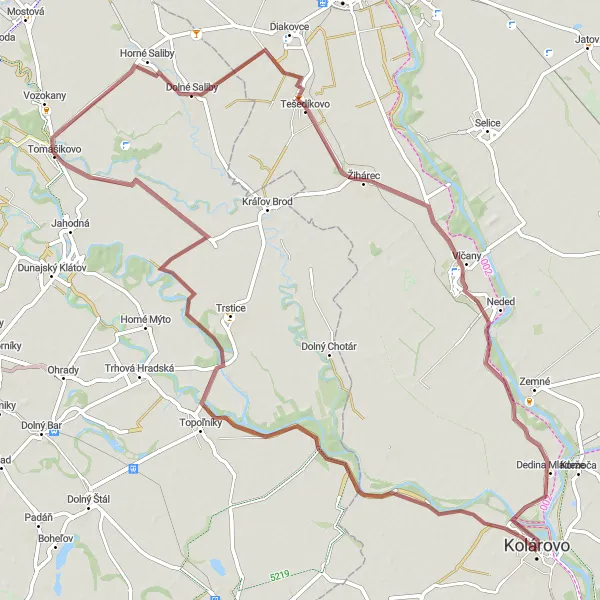 Map miniature of "Gravel Exploration: Kolárovo to Dedina Mládeže" cycling inspiration in Západné Slovensko, Slovakia. Generated by Tarmacs.app cycling route planner